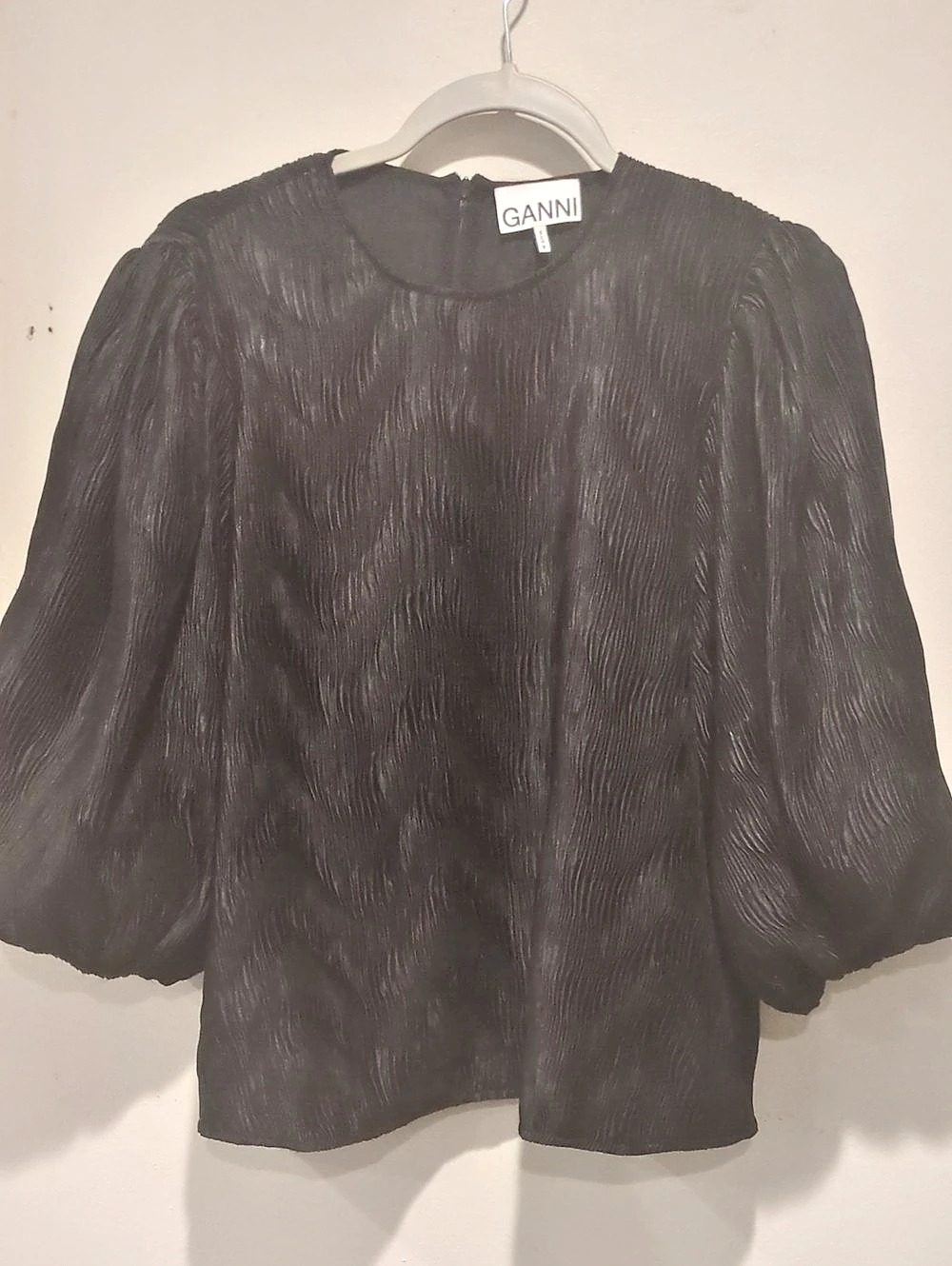 GANNI Black Textured Ballon Sleeve Top Size 38 Like New